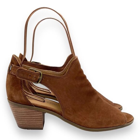 Lucky Brand Bannah Open Toe Sandal CutOut Booties in Walnut Brown Suede Size 7.5 - Picture 1 of 16